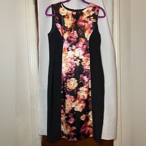London Times Floral Black and Pink Sleeveless Midi Formfitting Dress Size 10